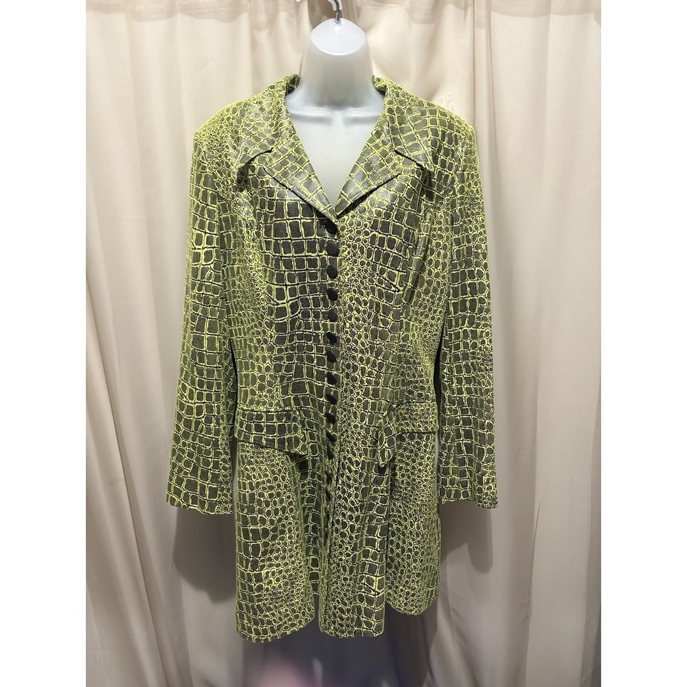 LAUREN TAYLOR Long Sleeve Button Front Coat Alligator Chartreuse Black Size 14